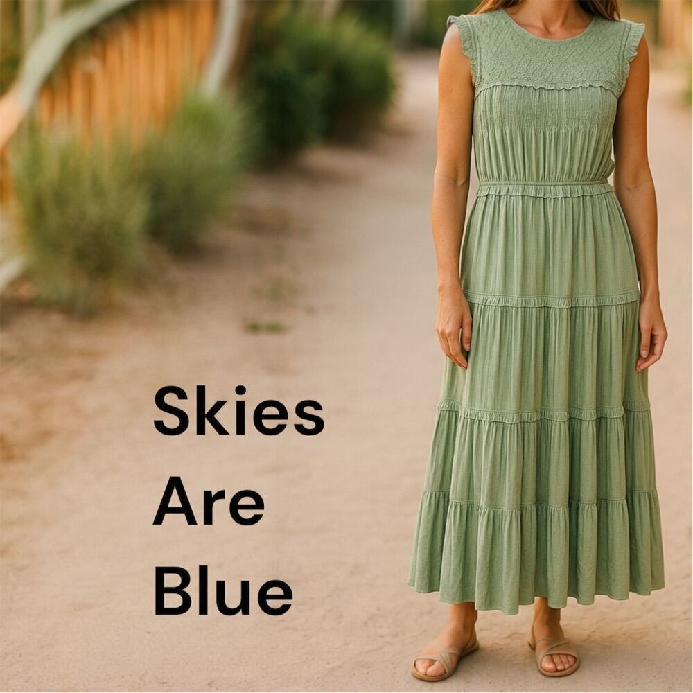 Skies Are Blue Sweet Pea Green Crochet Top Tiered Ruffle Sleeveless Maxi Dress
